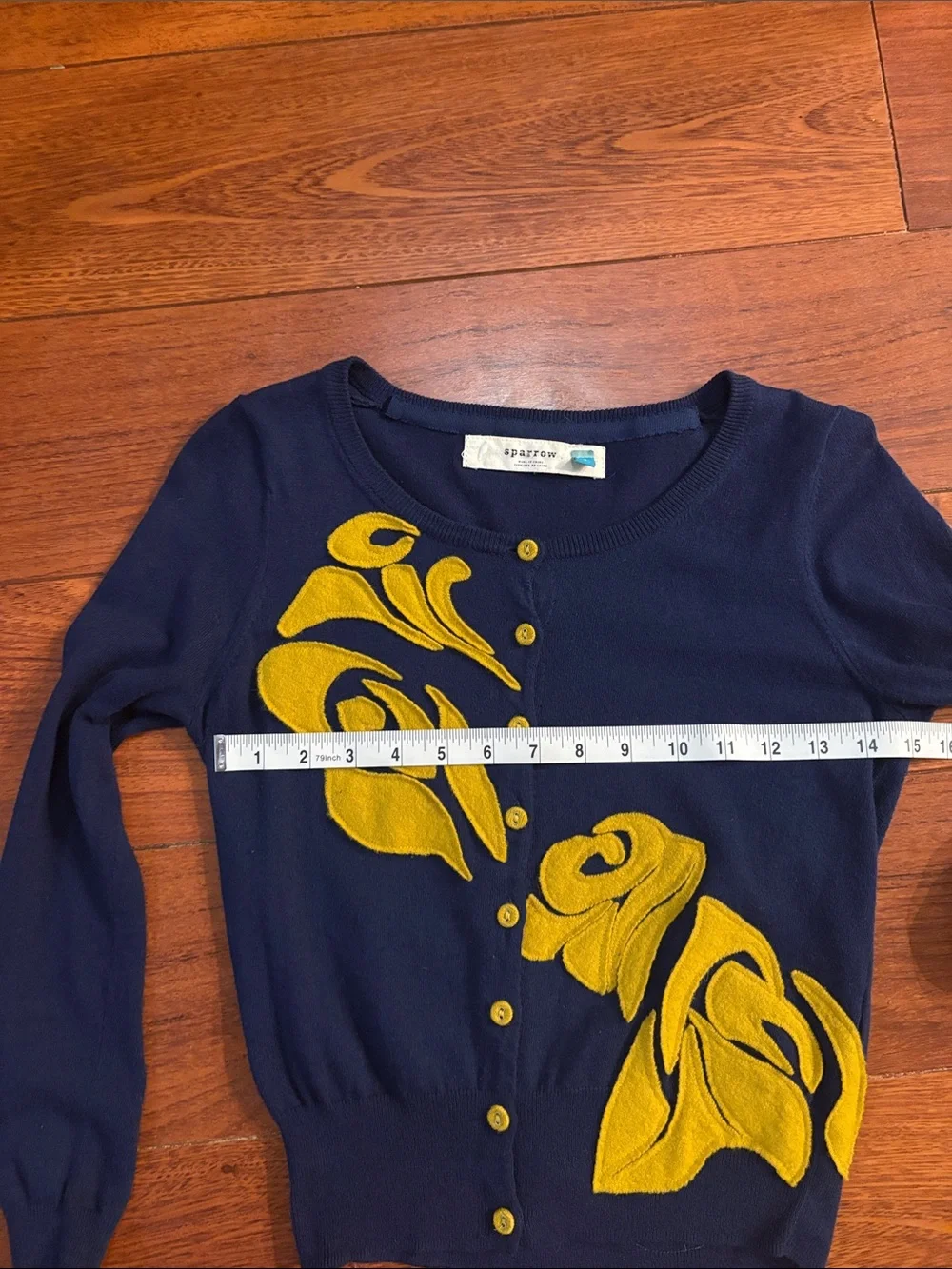 Maeve Navy Cardigan with Yellow Floral Appliqué & Yellow Button-Front Skirt